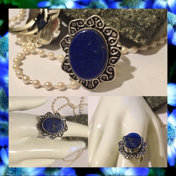 •Lovely• Lapis Lazuli Gemstone Handmade Halo Ring - Picture 2 of 5